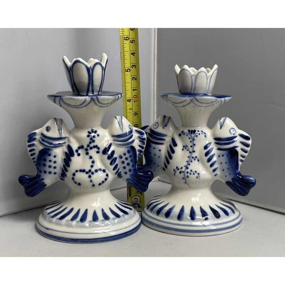 Gzhel Porcelain Russian Candlestick Hand Painted Blue & White Fish Theme Vintage - Picture 10 of 13